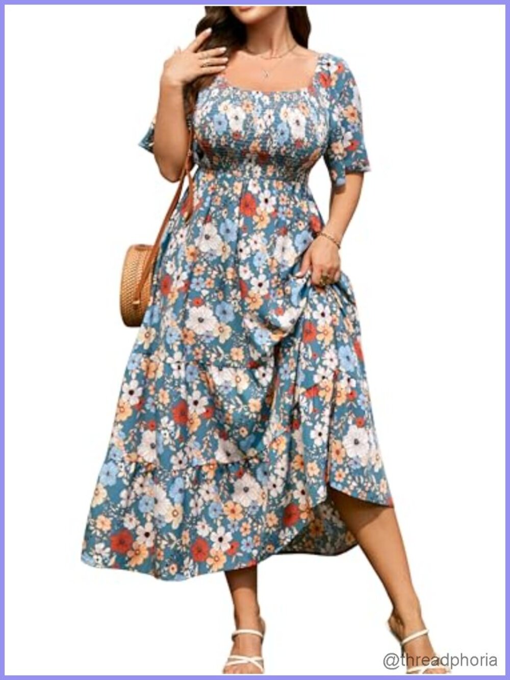 Plus Size Smocked Boho Maxi Dress Square Neck Short Sleeve Wedding Guest